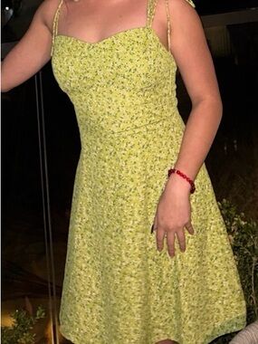 Lime Floral Midi Dress with Sweetheart Neckline